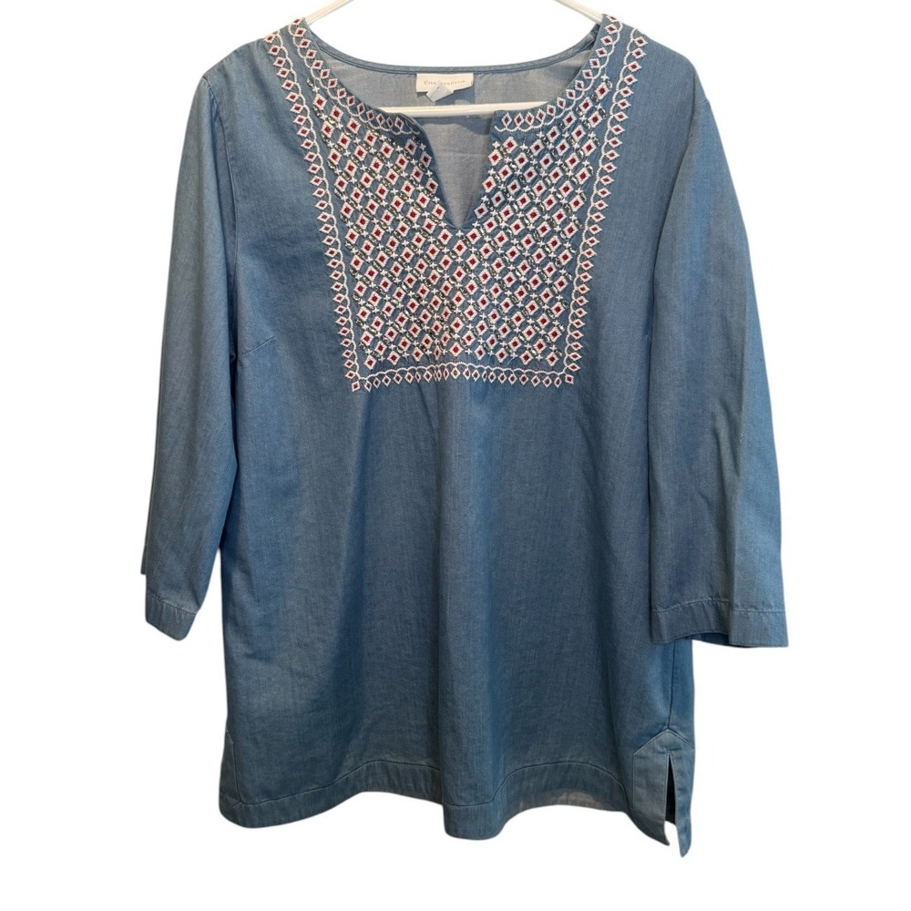 Charter Club Womens Blue Embroidered Chambray Tunic Top XL Resortwear Travel